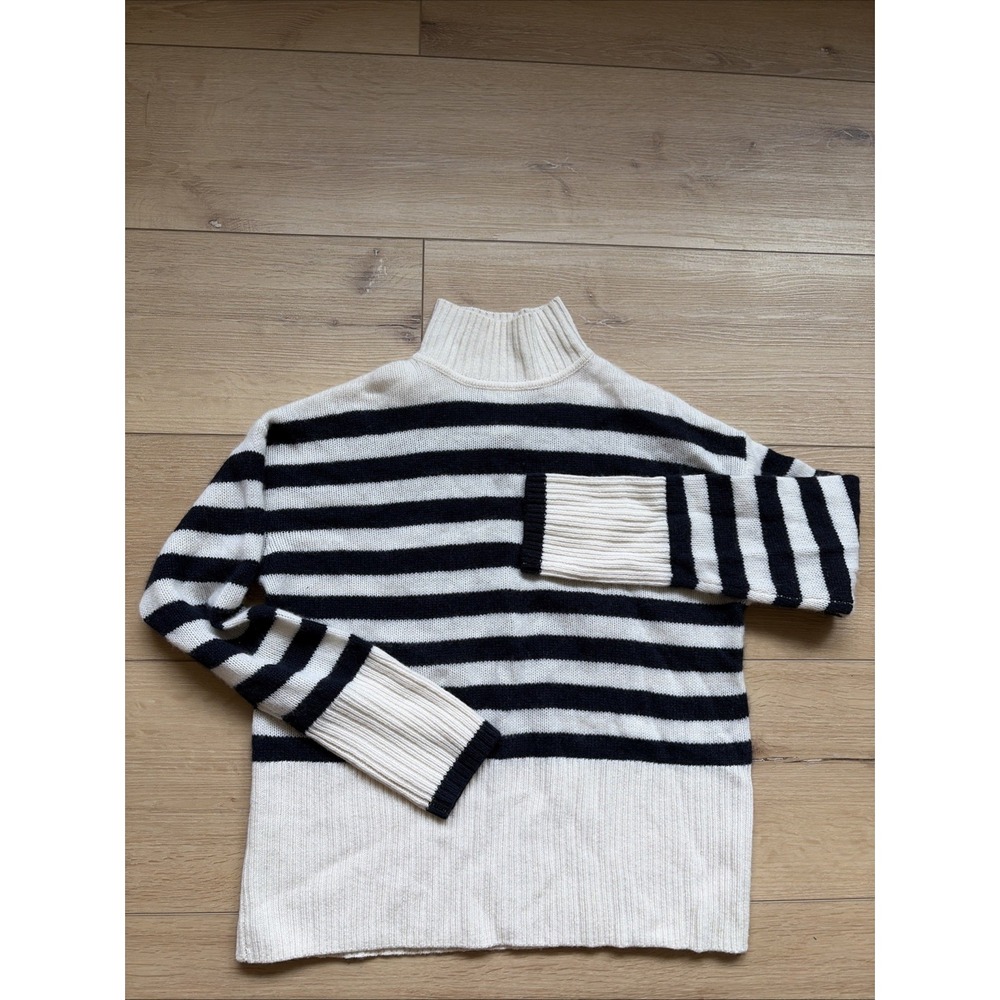 JOIE 100% Cashmere Mock Neck Striped Sweater Navy White Ribbed Women's Size XS